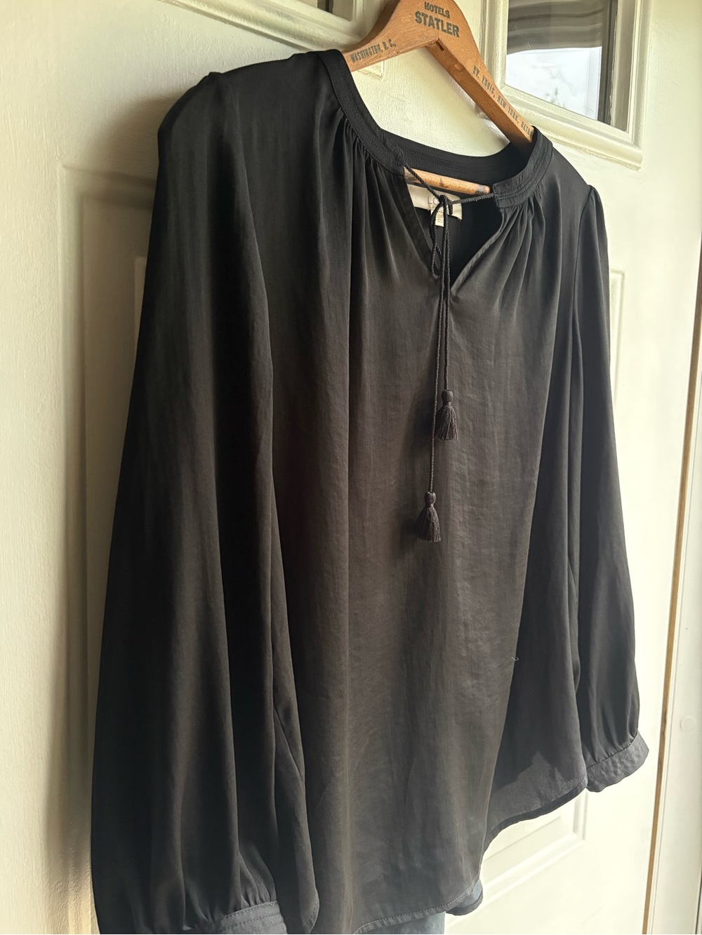 LOFT S Black Peasant Blouse with Tassel Tie